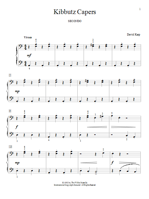 Learn to play David Karp Kibbutz Capers sheet music for Piano Duet in minutes. Price: 7.8900$ David Karp Kibbutz Capers sheet music notes and chords arranged for Piano Duet