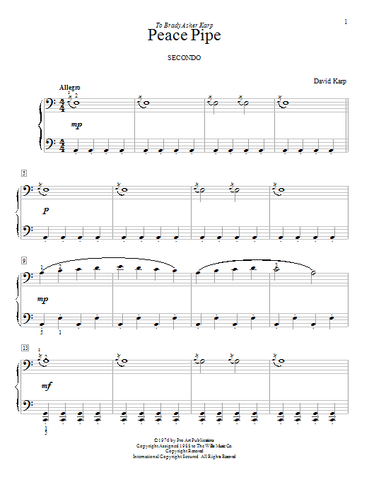 Learn to play David Karp Peace Pipe sheet music for Piano Duet in minutes. Price: 7.8900$ David Karp Peace Pipe sheet music notes and chords arranged for Piano Duet