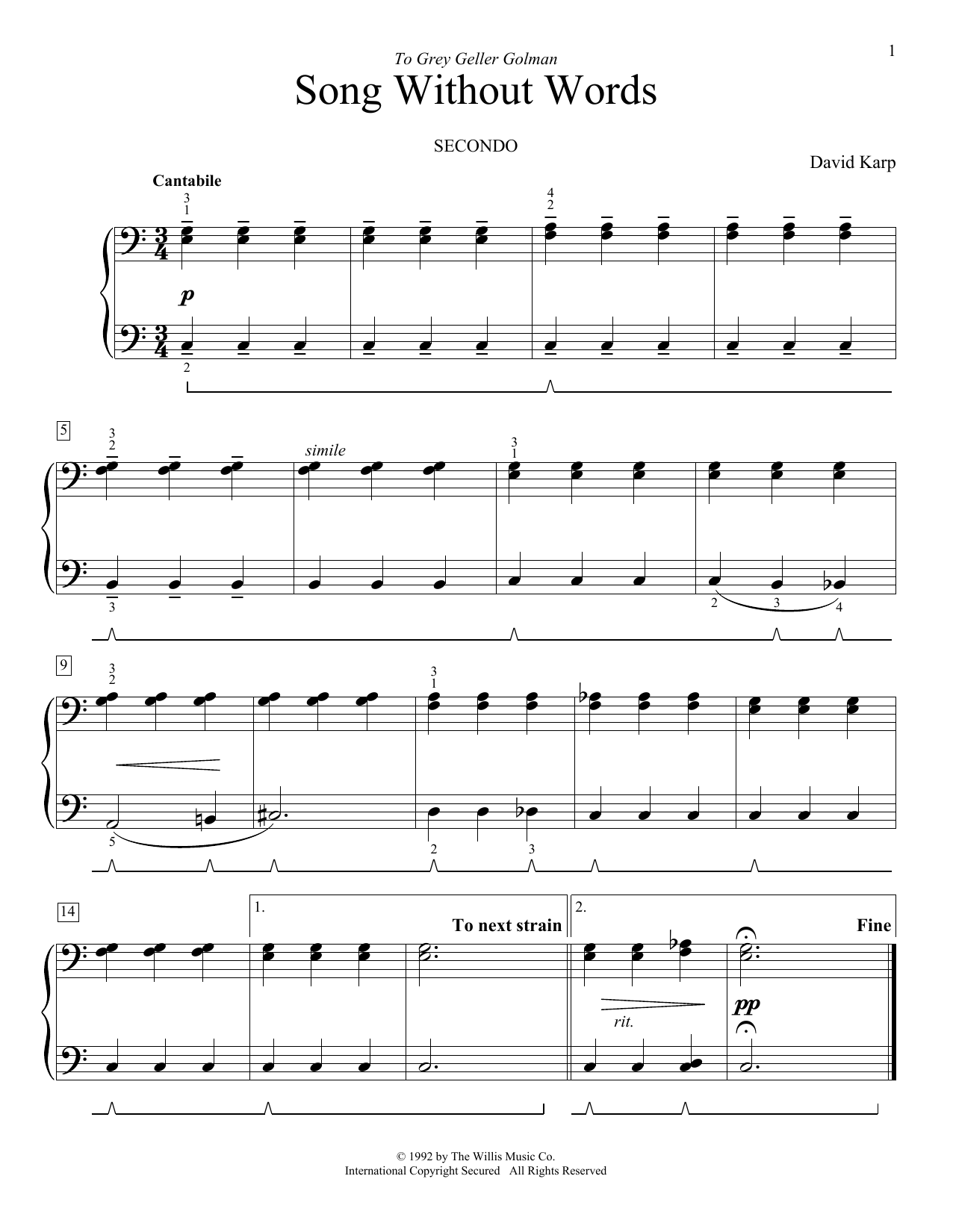Learn to play David Karp Song Without Words sheet music for Piano Duet in minutes. Price: 7.8900$ David Karp Song Without Words sheet music notes and chords arranged for Piano Duet