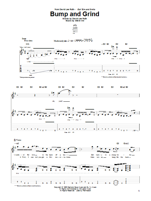 Learn to play David Lee Roth Bump And Grind sheet music for Guitar Tab in minutes. Price: 7.8900$ David Lee Roth Bump And Grind sheet music notes and chords arranged for Guitar Tab