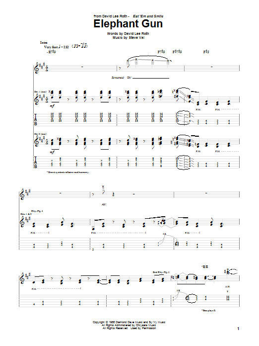 Learn to play David Lee Roth Elephant Gun sheet music for Guitar Tab in minutes. Price: 7.8900$ David Lee Roth Elephant Gun sheet music notes and chords arranged for Guitar Tab