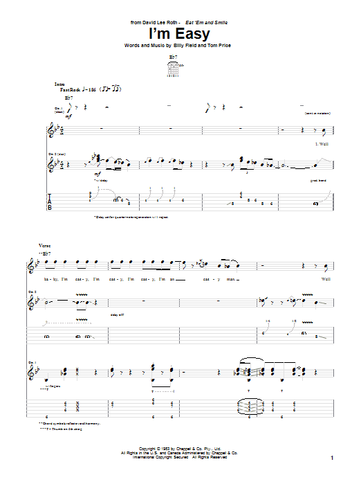 Learn to play David Lee Roth I'm Easy sheet music for Guitar Tab in minutes. Price: 7.8900$ David Lee Roth I'm Easy sheet music notes and chords arranged for Guitar Tab