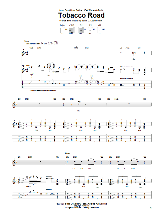 Learn to play David Lee Roth Tobacco Road sheet music for Guitar Tab in minutes. Price: 7.8900$ David Lee Roth Tobacco Road sheet music notes and chords arranged for Guitar Tab
