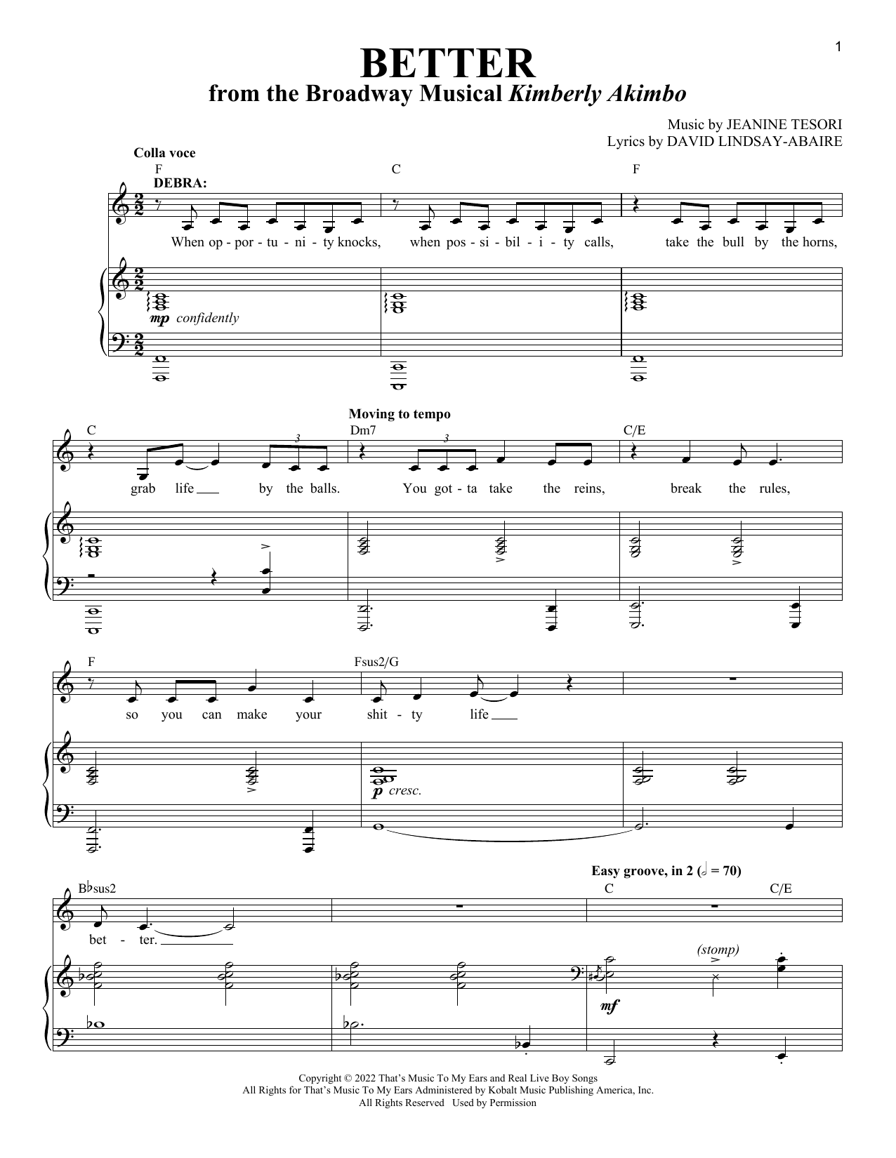 David Lindsay-Abaire and Jeanine Tesori Better (from Kimberly Akimbo) sheet music notes and chords. Download Printable PDF.