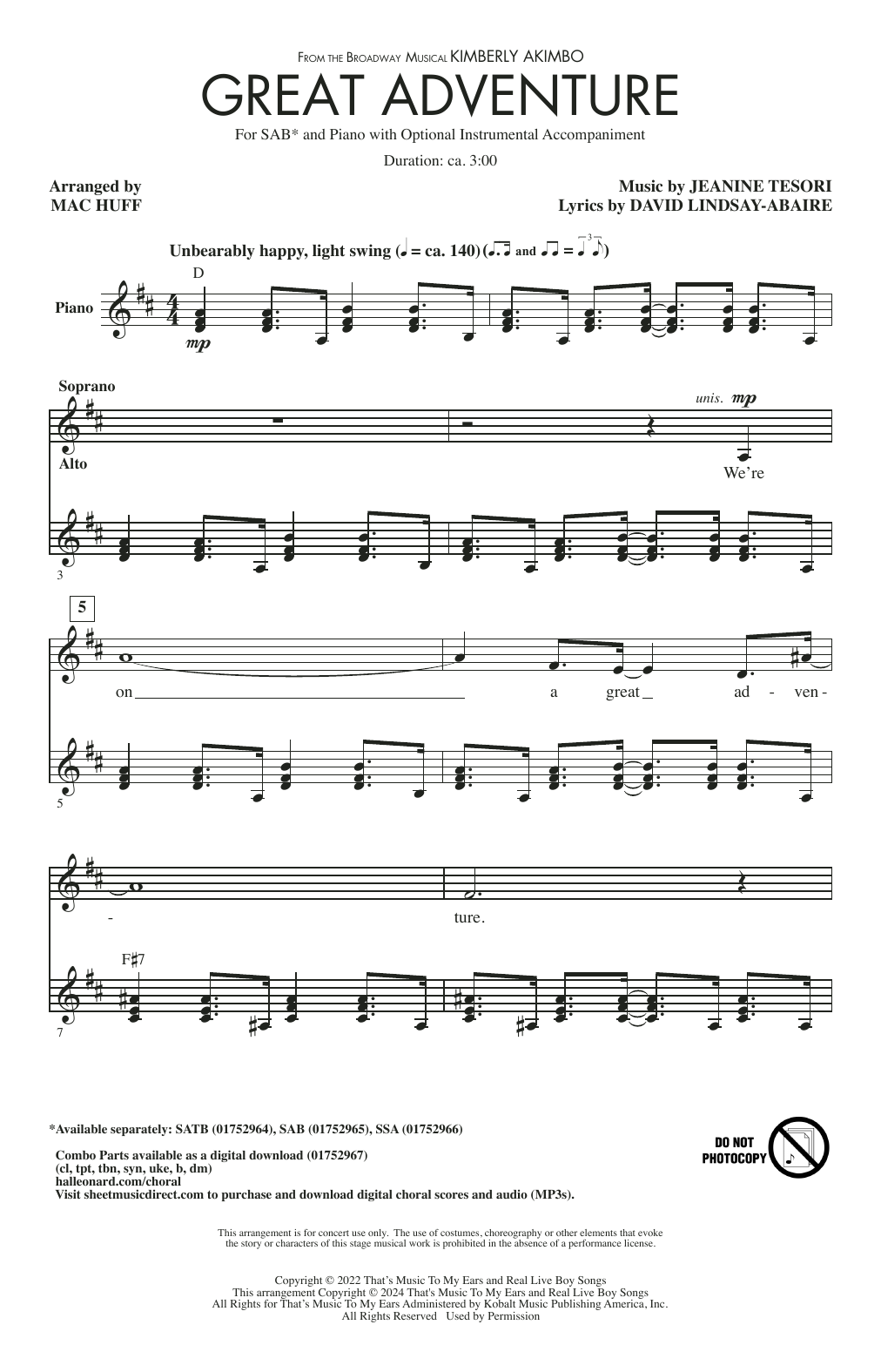 David Lindsay-Abaire and Jeanine Tesori Great Adventure (from Kimberly Akimbo) (arr. Mac Huff) sheet music notes and chords. Download Printable PDF.