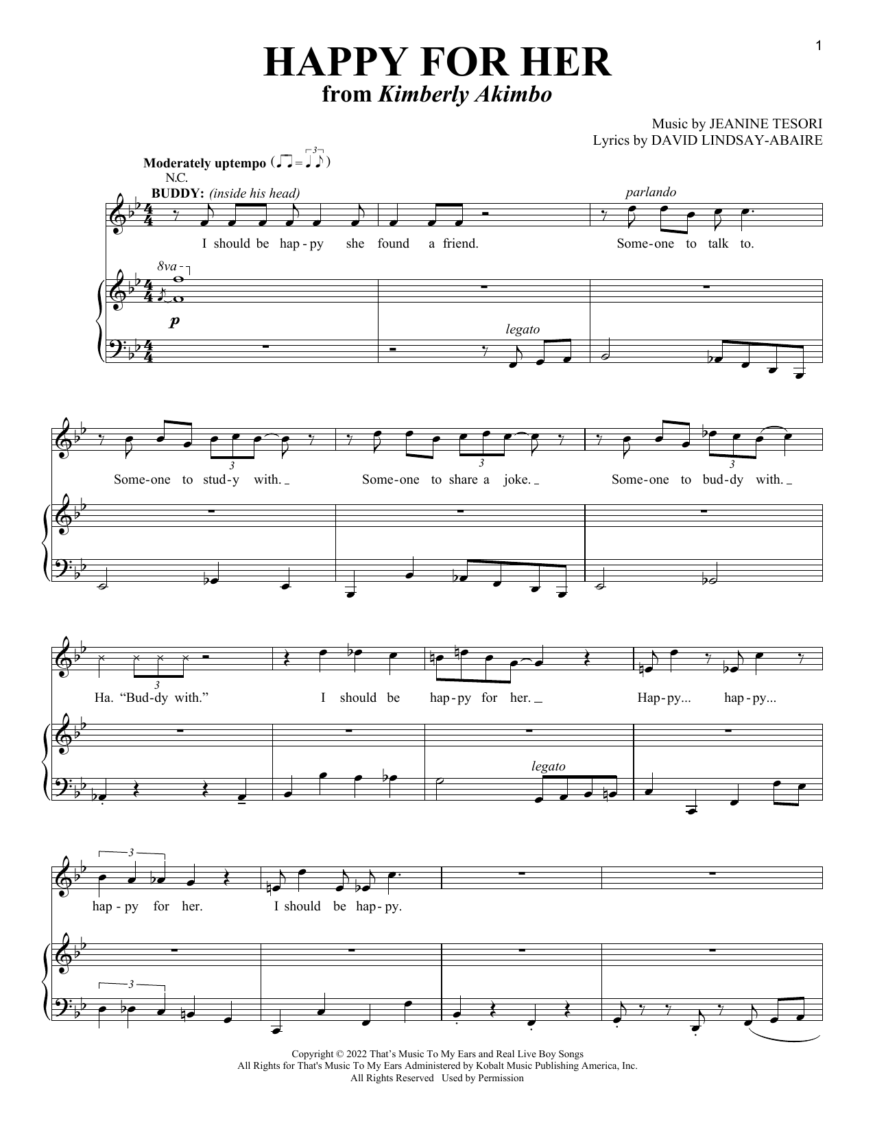 David Lindsay-Abaire and Jeanine Tesori Happy For Her (from Kimberly Akimbo) sheet music notes and chords. Download Printable PDF.