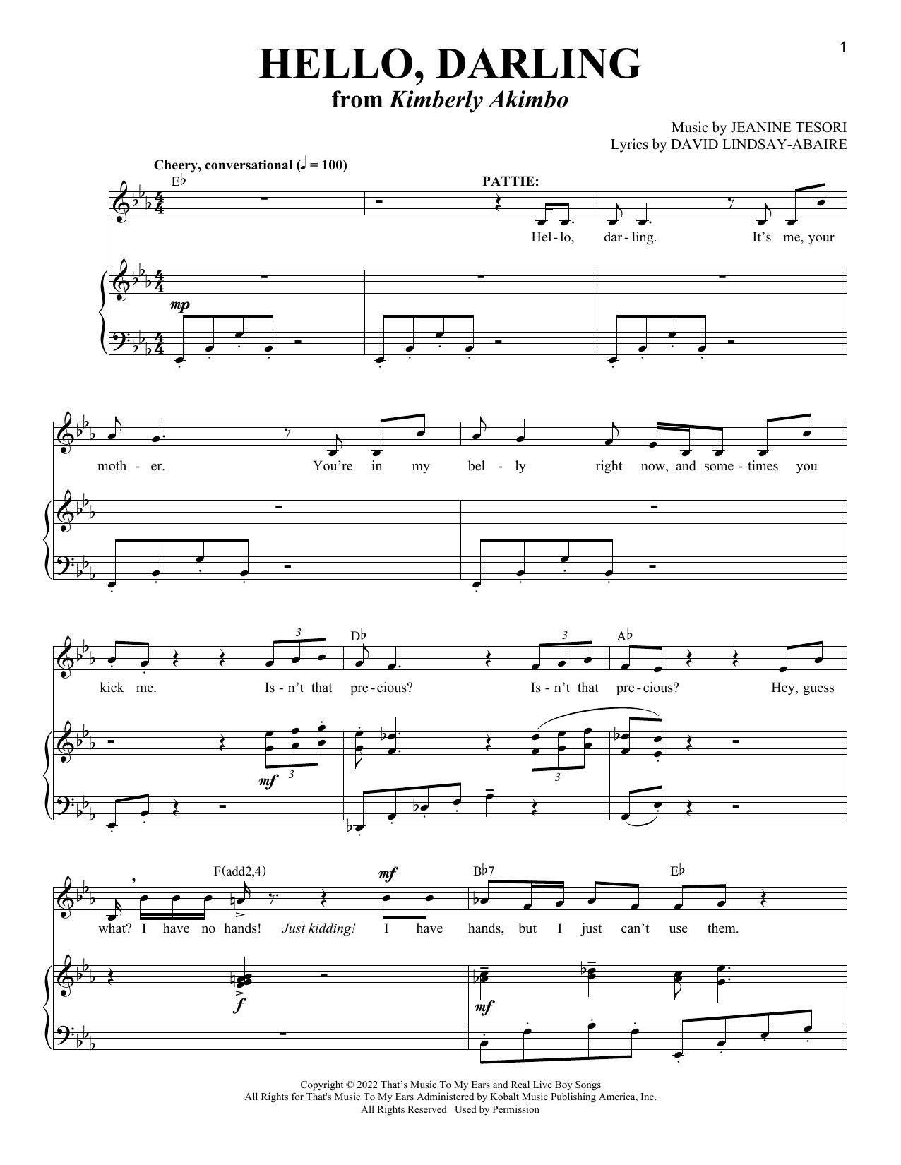 David Lindsay-Abaire and Jeanine Tesori Hello, Darling (from Kimberly Akimbo) sheet music notes and chords. Download Printable PDF.