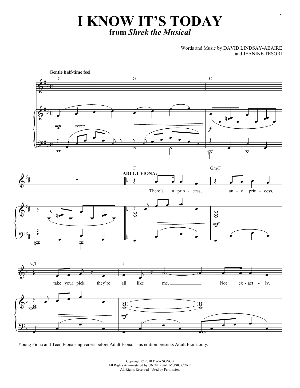 David Lindsay-Abaire and Jeanine Tesori I Know It's Today (from Shrek the Musical) (Adult Fiona) sheet music notes and chords. Download Printable PDF.