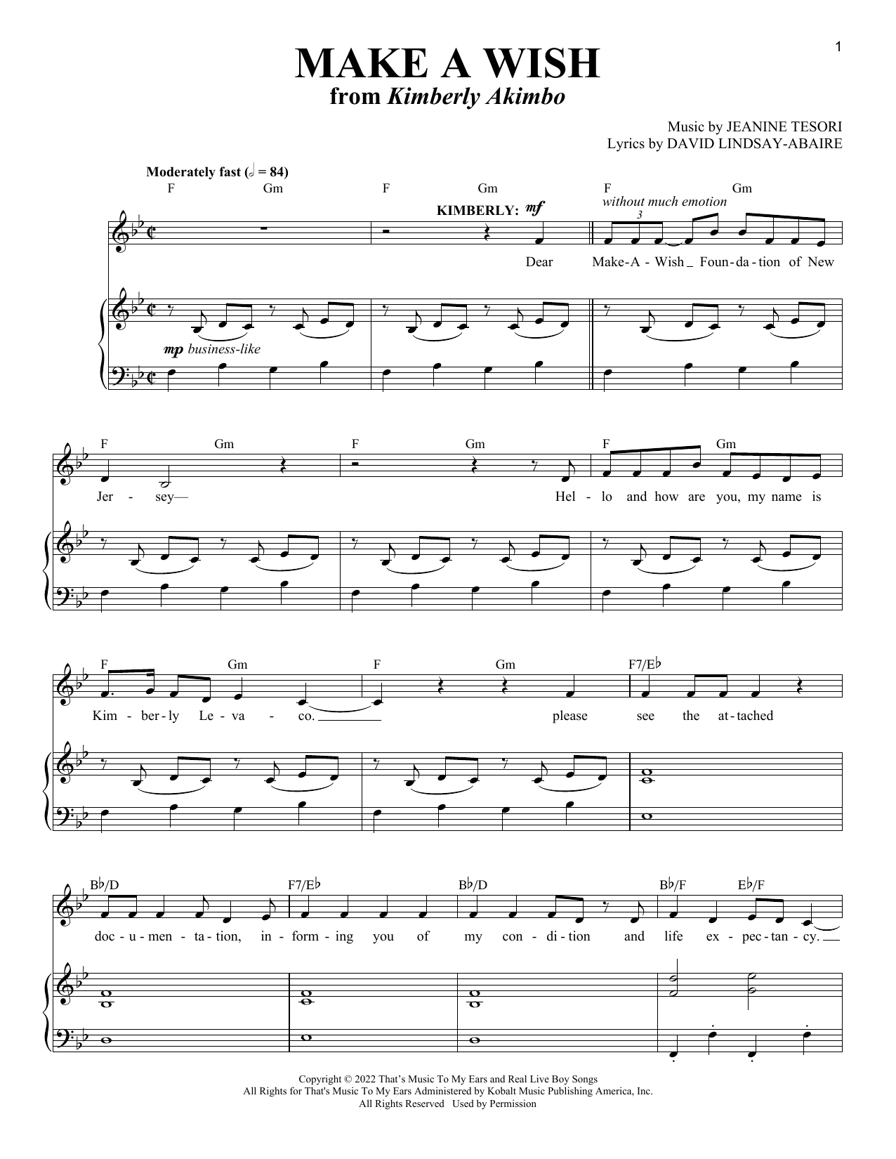 David Lindsay-Abaire and Jeanine Tesori Make A Wish (from Kimberly Akimbo) sheet music notes and chords. Download Printable PDF.