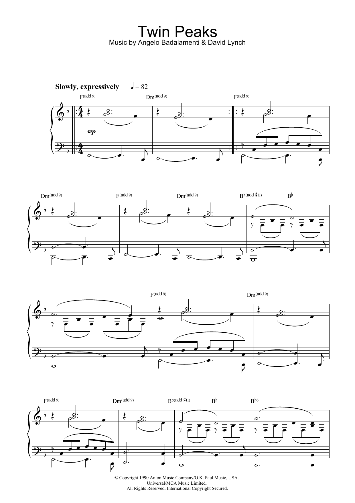 Angelo Badalamenti Theme from Twin Peaks sheet music notes and chords arranged for Piano Solo