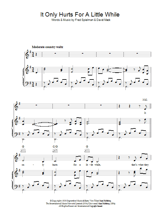 Learn to play The Ames Brothers It Only Hurts For A Little While sheet music for Piano, Vocal & Guitar Chords in minutes. Price: 7.8900$ The Ames Brothers It Only Hurts For A Little While sheet music notes and chords arranged for Piano, Vocal & Guitar Chords