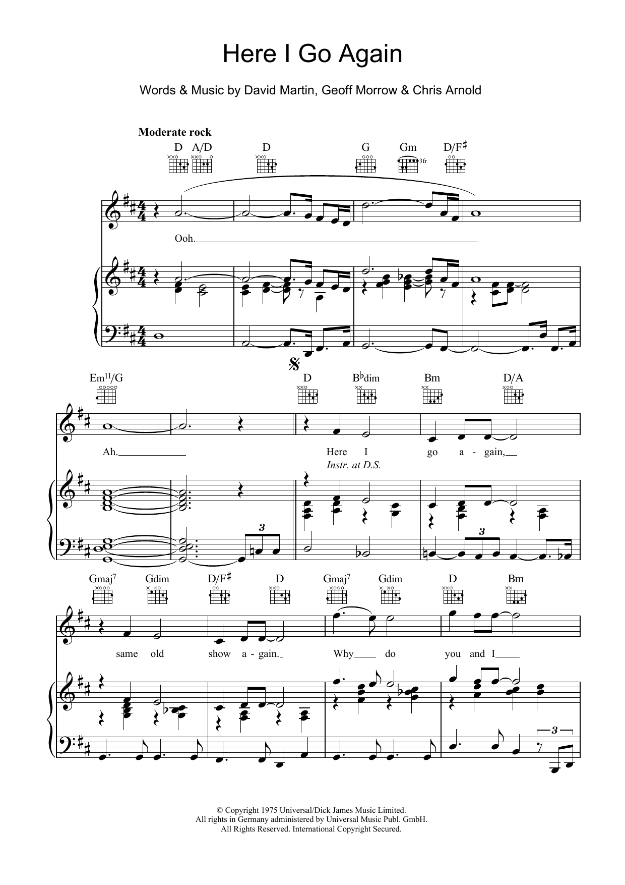 Learn to play David Martin Here I Go Again (from Guys And Dolls) sheet music for Piano, Vocal & Guitar Chords in minutes. Price: 7.8900$ David Martin Here I Go Again (from Guys And Dolls) sheet music notes and chords arranged for Piano, Vocal & Guitar Chords