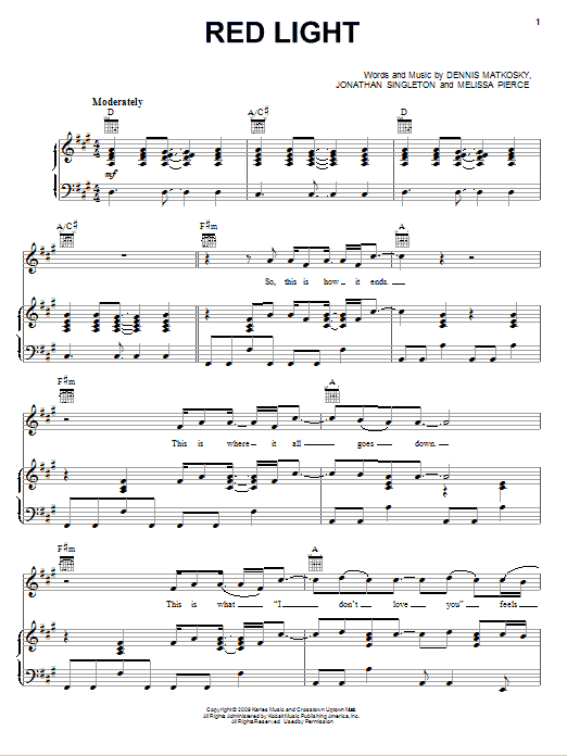 David Nail Red Light sheet music notes and chords arranged for Piano, Vocal & Guitar Chords (Right-Hand Melody)