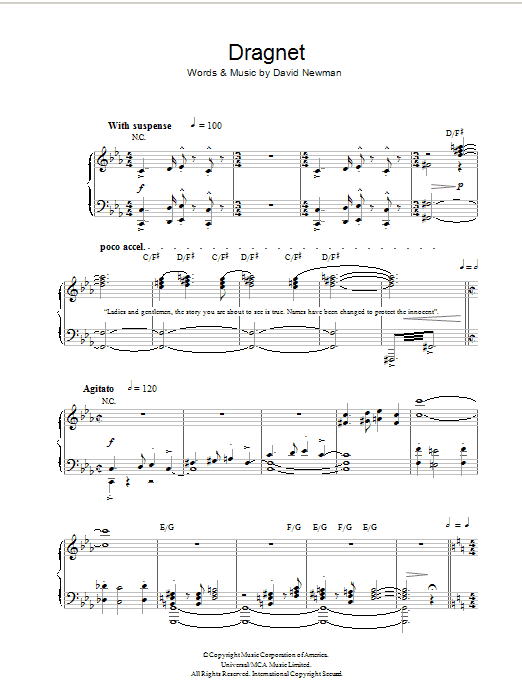 David Newman Dragnet sheet music notes and chords arranged for Piano Solo