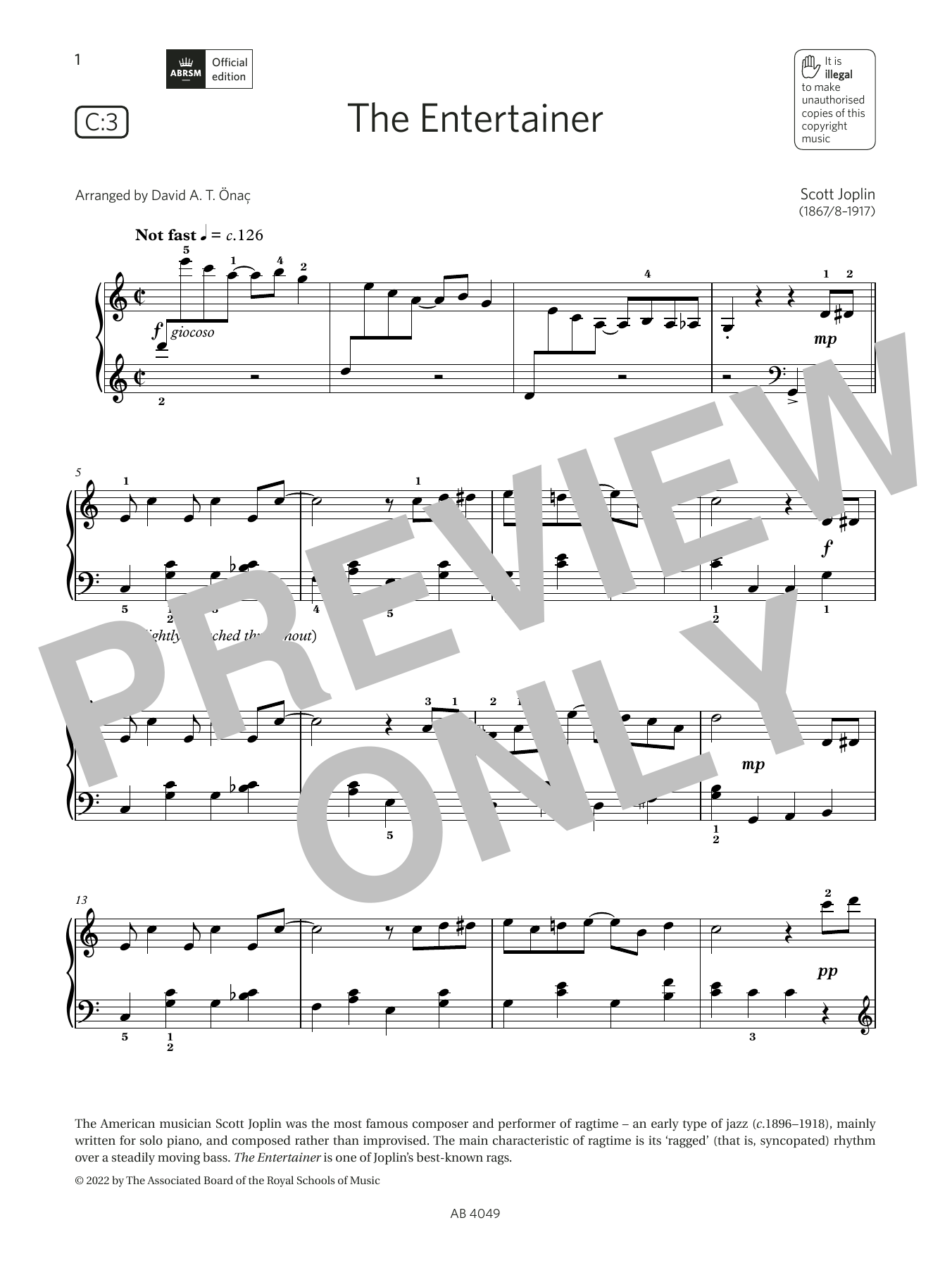 David Önac The Entertainer (Grade 3, list C3, from the ABRSM Piano Syllabus 2023 & 2024) sheet music notes and chords. Download Printable PDF.