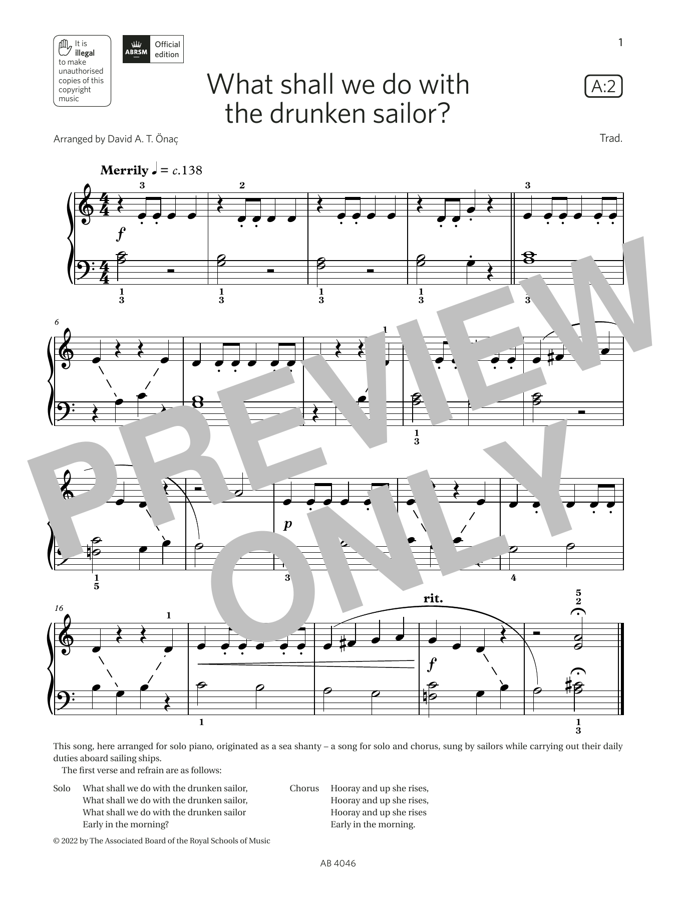 David Önac What shall we do with the drunken sailor? (Grade Initial, list A2, ABRSM Piano Syllabus 2023 & 2024) sheet music notes and chords. Download Printable PDF.