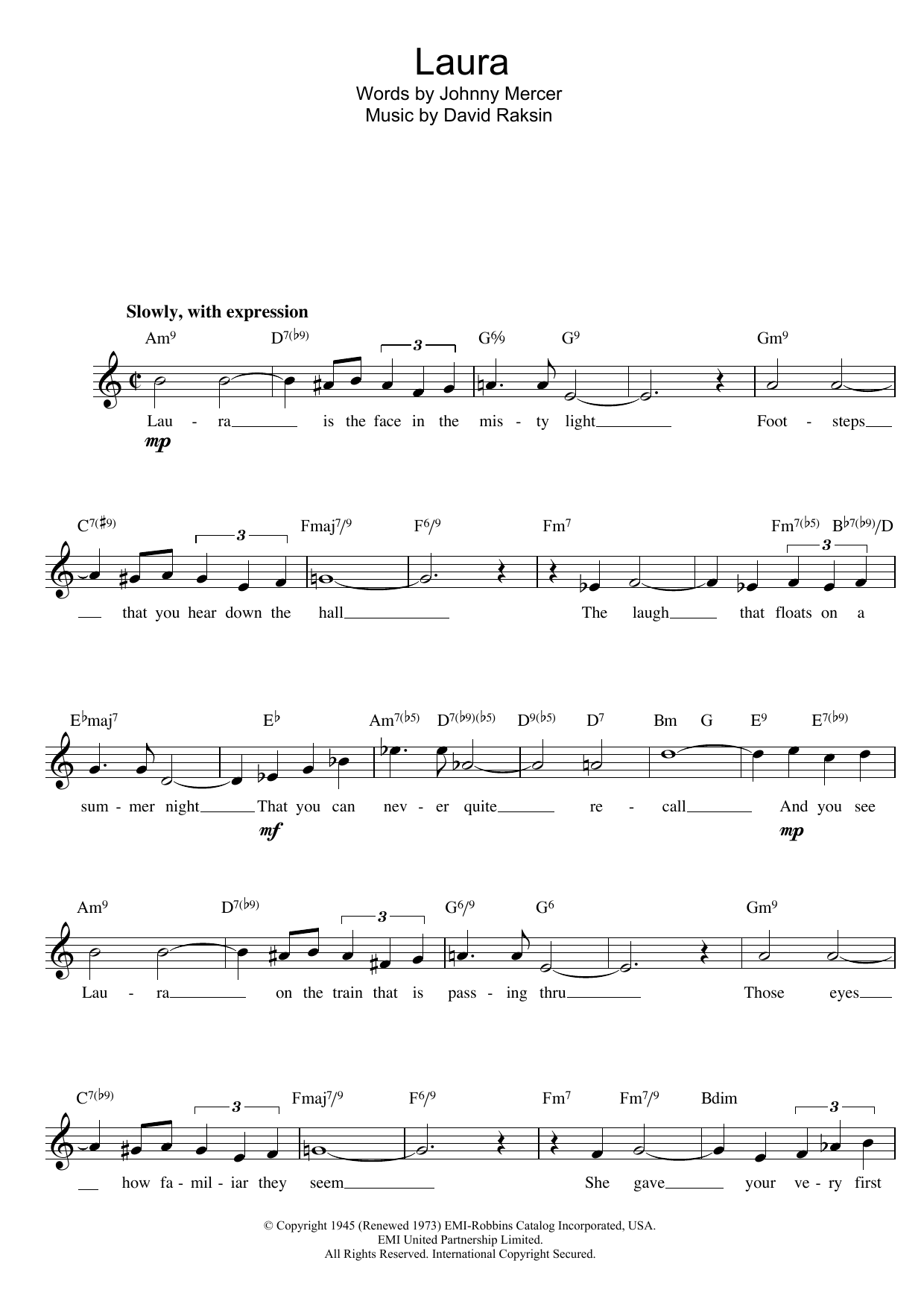 David Raksin Laura sheet music notes and chords. Download Printable PDF.