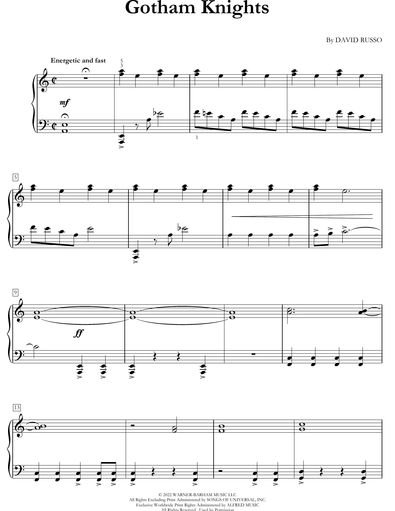 Learn to play David Russo Gotham Knights sheet music for Easy Piano Solo in minutes. Price: 6.9900$ David Russo Gotham Knights sheet music notes and chords arranged for Easy Piano Solo