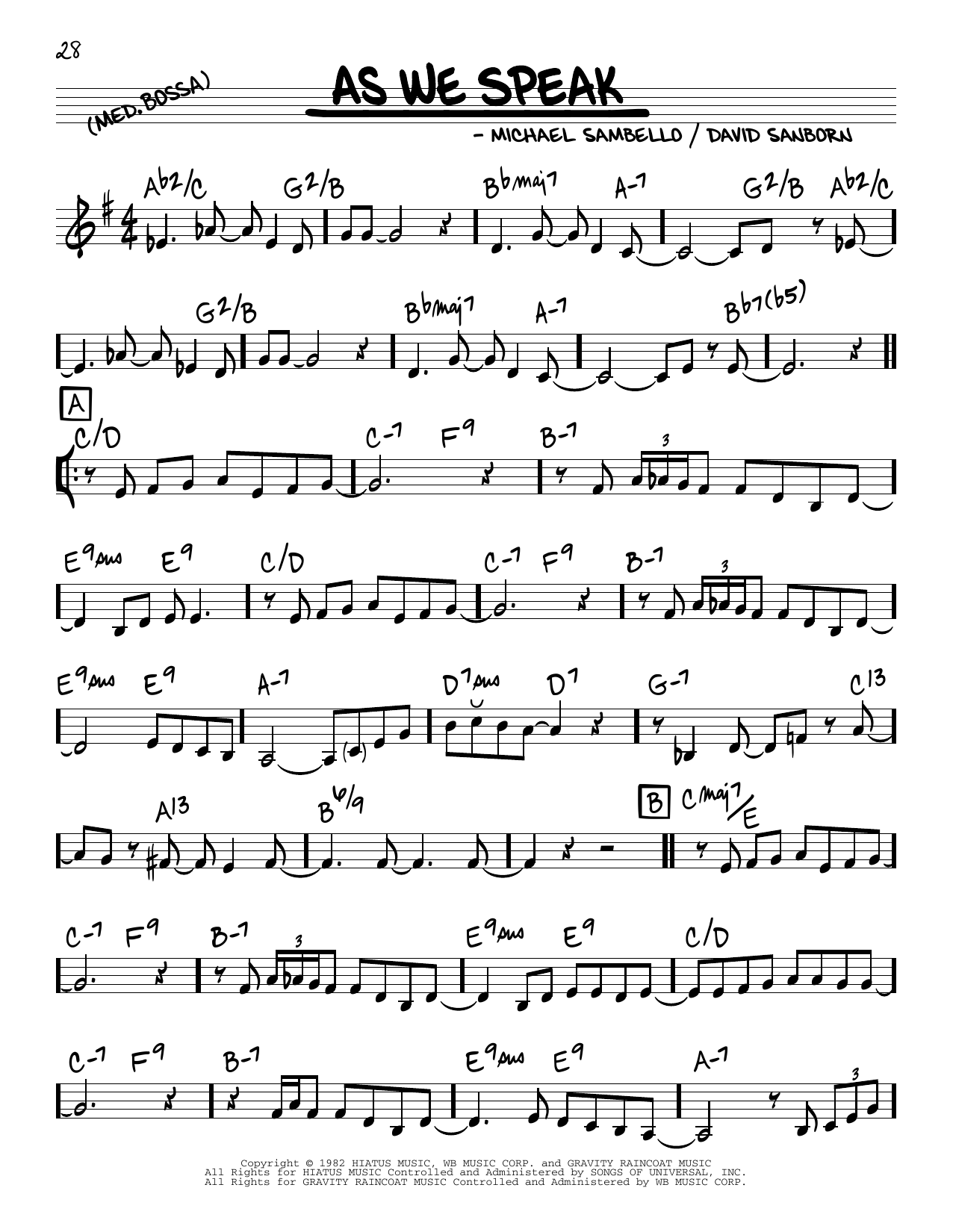 Learn to play David Sanborn As We Speak sheet music for Real Book – Melody & Chords in minutes. Price: 5.9900$ David Sanborn As We Speak sheet music notes and chords arranged for Real Book – Melody & Chords