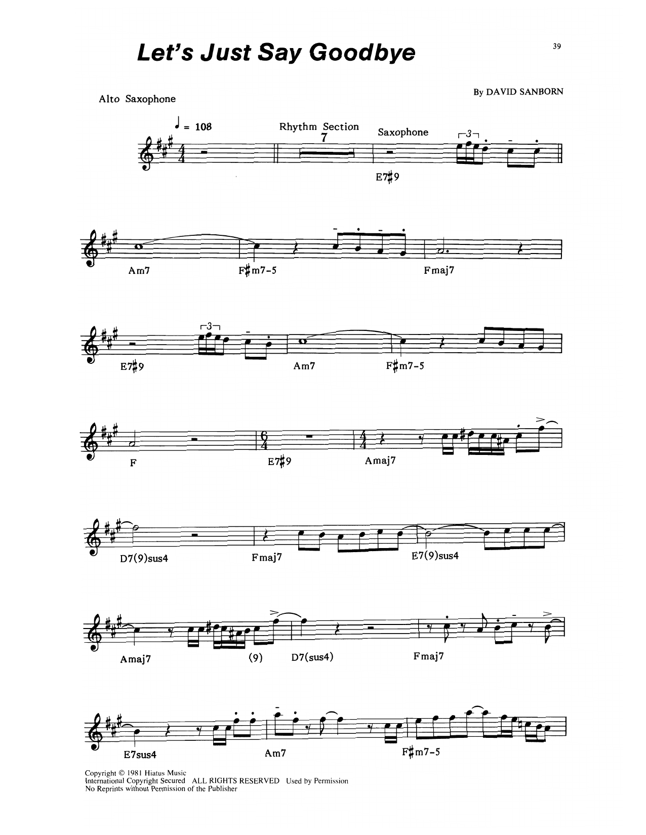 Learn to play David Sanborn Let's Just Say Goodbye sheet music for Alto Sax Transcription in minutes. Price: 5.9900$ David Sanborn Let's Just Say Goodbye sheet music notes and chords arranged for Alto Sax Transcription