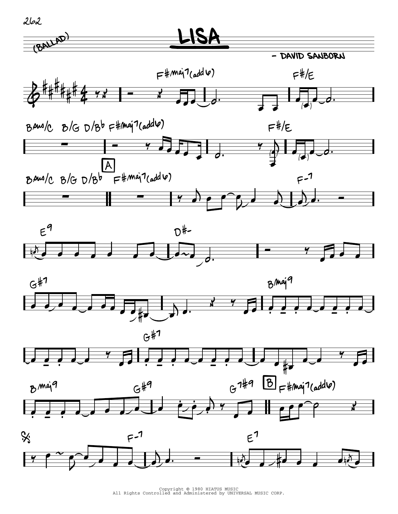 Learn to play David Sanborn Lisa sheet music for Real Book – Melody & Chords in minutes. Price: 5.9900$ David Sanborn Lisa sheet music notes and chords arranged for Real Book – Melody & Chords