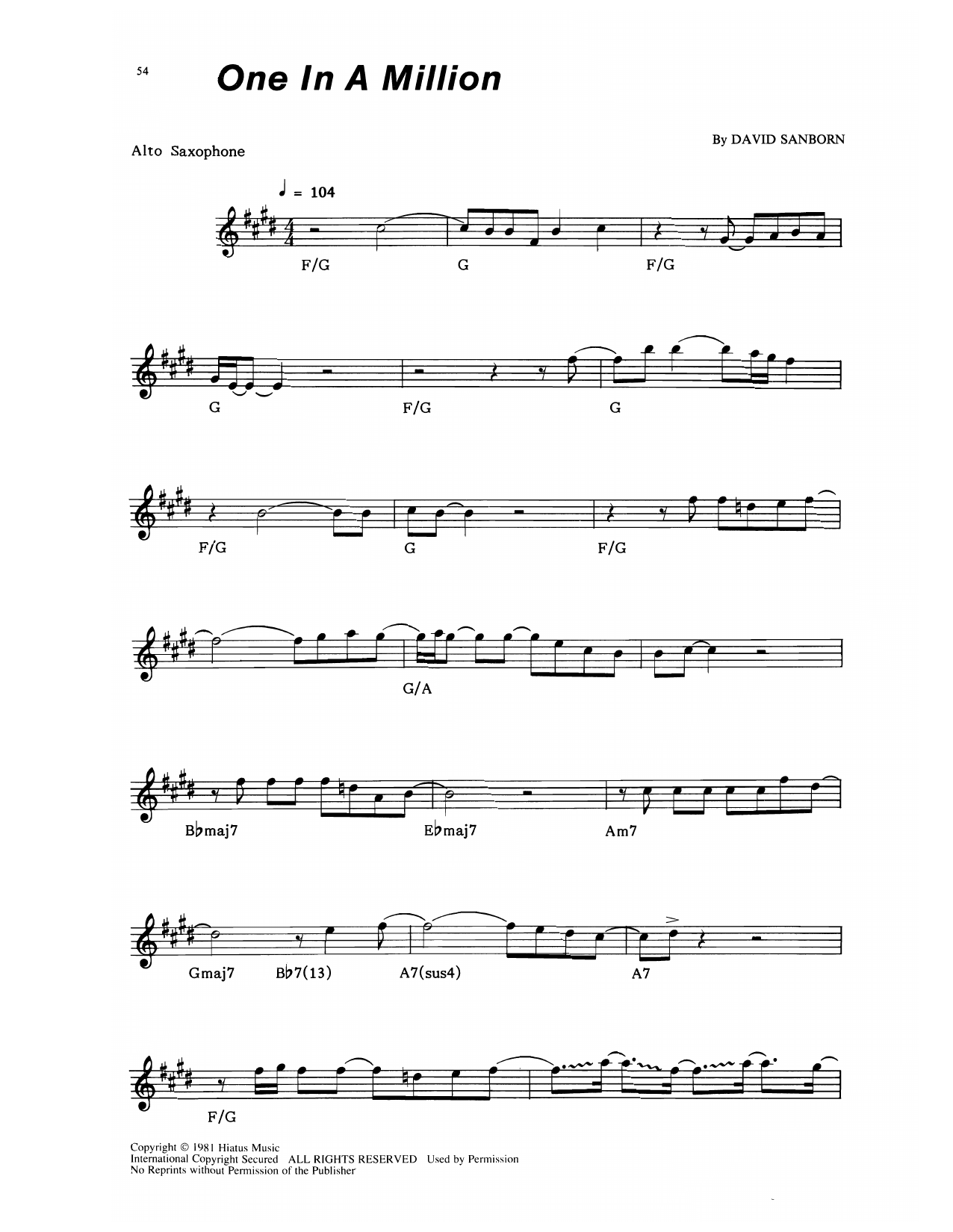 Learn to play David Sanborn One In A Million sheet music for Alto Sax Transcription in minutes. Price: 5.9900$ David Sanborn One In A Million sheet music notes and chords arranged for Alto Sax Transcription
