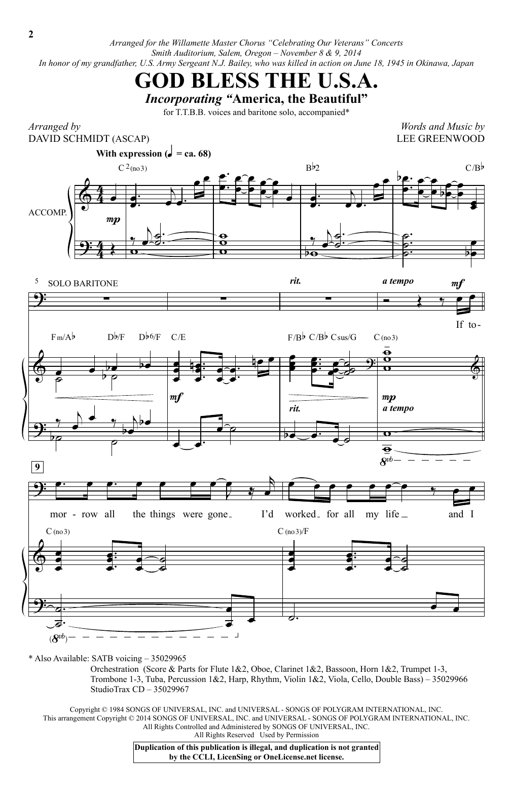 Lee Greenwood God Bless The U.S.A. (arr. David Schmidt) sheet music notes and chords. Download Printable PDF.