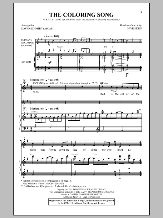 Learn to play David Schmidt The Coloring Song sheet music for SATB Choir in minutes. Price: 3.9900$ David Schmidt The Coloring Song sheet music notes and chords arranged for SATB Choir