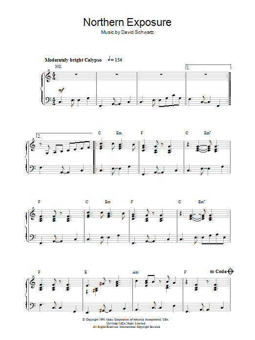 David Schwartz Northern Exposure sheet music notes and chords arranged for Piano Solo