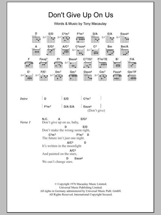 David Soul Don't Give Up On Us sheet music notes and chords. Download Printable PDF.