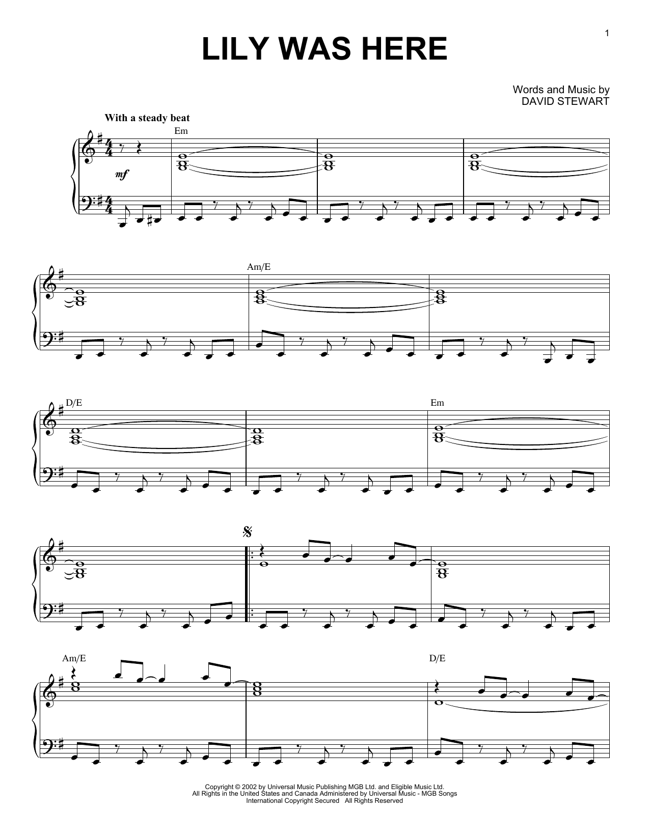 David Stewart Lily Was Here (feat. Candy Dulfer) sheet music notes and chords arranged for Piano Solo