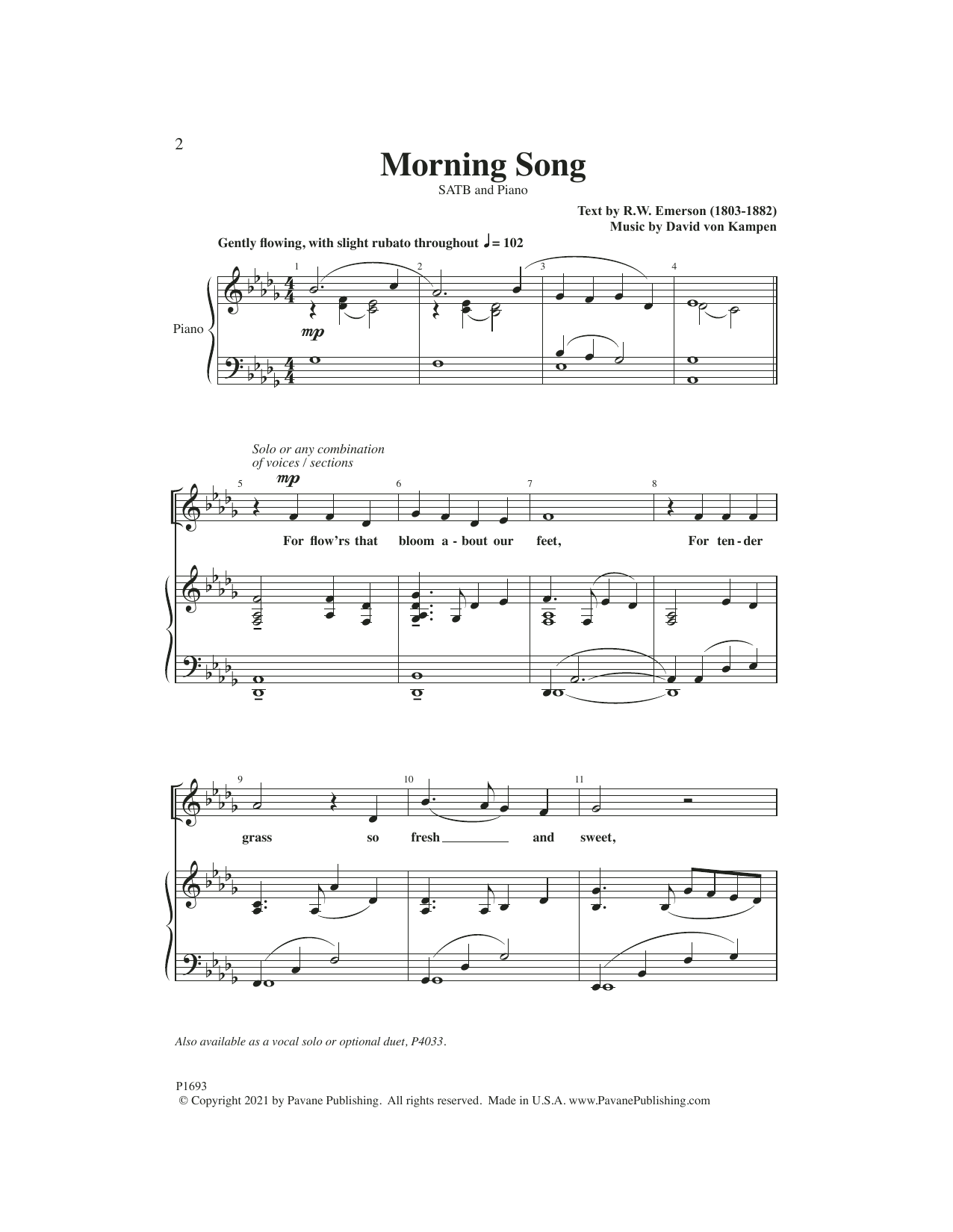 David von Kampen Morning Song sheet music notes and chords arranged for SATB Choir