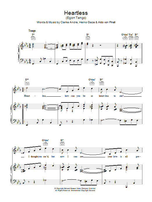 Learn to play David Whitfield Heartless (Egon Tango) sheet music for Piano, Vocal & Guitar Chords in minutes. Price: 7.8900$ David Whitfield Heartless (Egon Tango) sheet music notes and chords arranged for Piano, Vocal & Guitar Chords