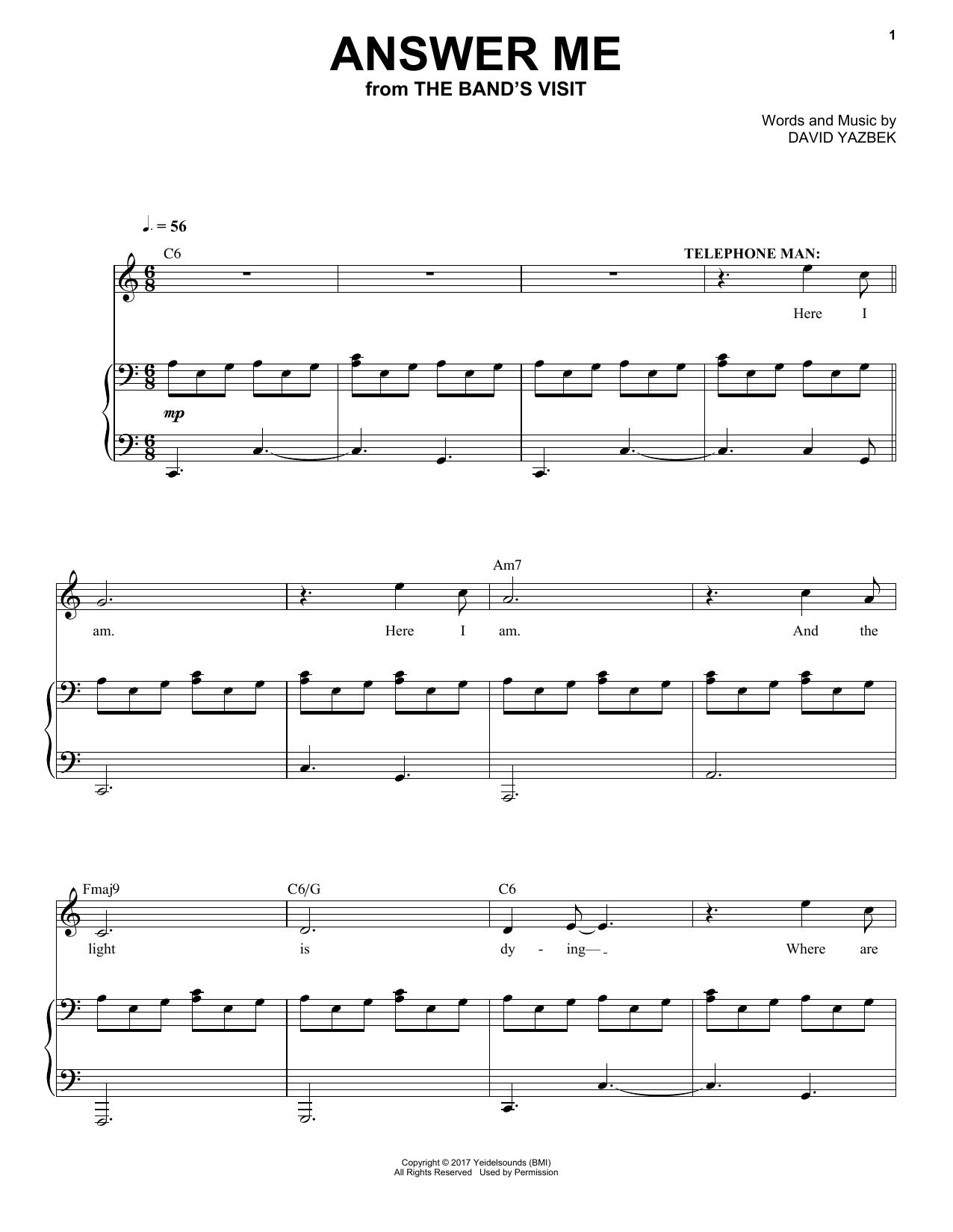 David Yazbek Answer Me (from The Band's Visit) sheet music notes and chords arranged for Piano & Vocal