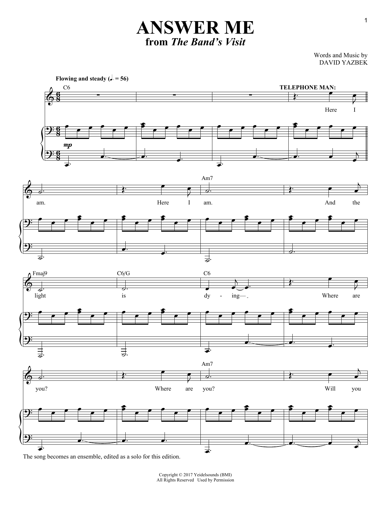 David Yazbek Answer Me [Solo version] (from The Band's Visit) sheet music notes and chords. Download Printable PDF.