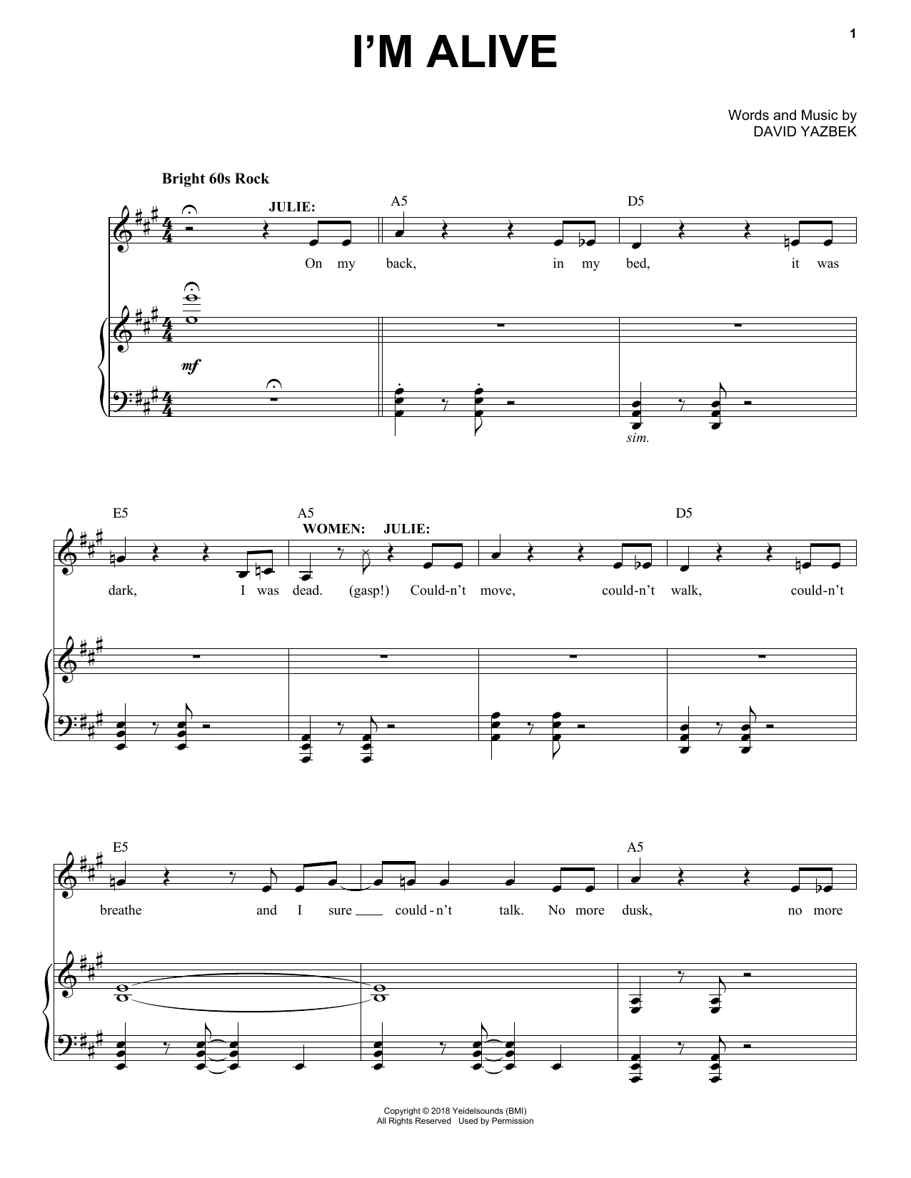 David Yazbek I'm Alive (from the musical Tootsie) sheet music notes and chords. Download Printable PDF.