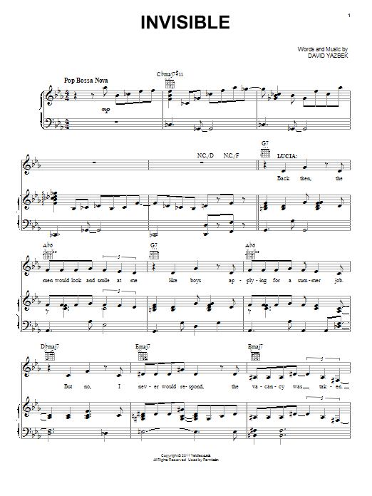 Learn to play David Yazbek Invisible sheet music for Piano, Vocal & Guitar Chords (Right-Hand Melody) in minutes. Price: 7.8900$ David Yazbek Invisible sheet music notes and chords arranged for Piano, Vocal & Guitar Chords (Right-Hand Melody)