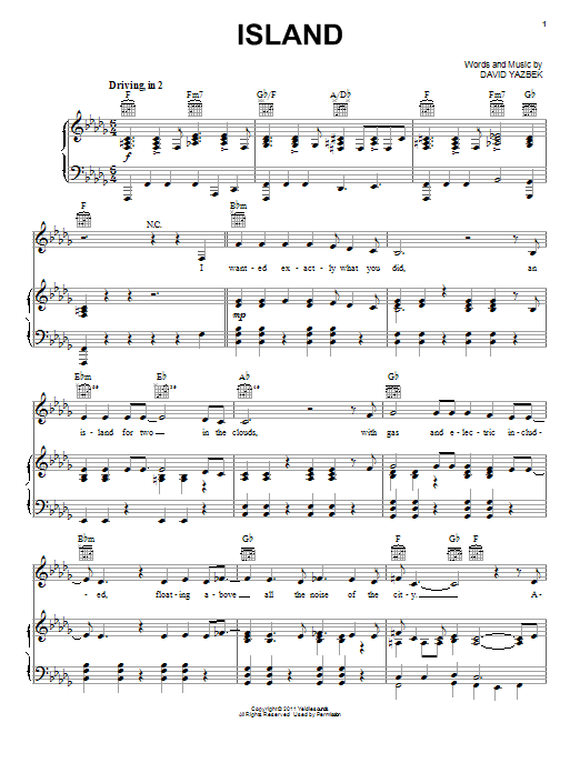 Learn to play David Yazbek Island sheet music for Piano, Vocal & Guitar Chords (Right-Hand Melody) in minutes. Price: 7.8900$ David Yazbek Island sheet music notes and chords arranged for Piano, Vocal & Guitar Chords (Right-Hand Melody)
