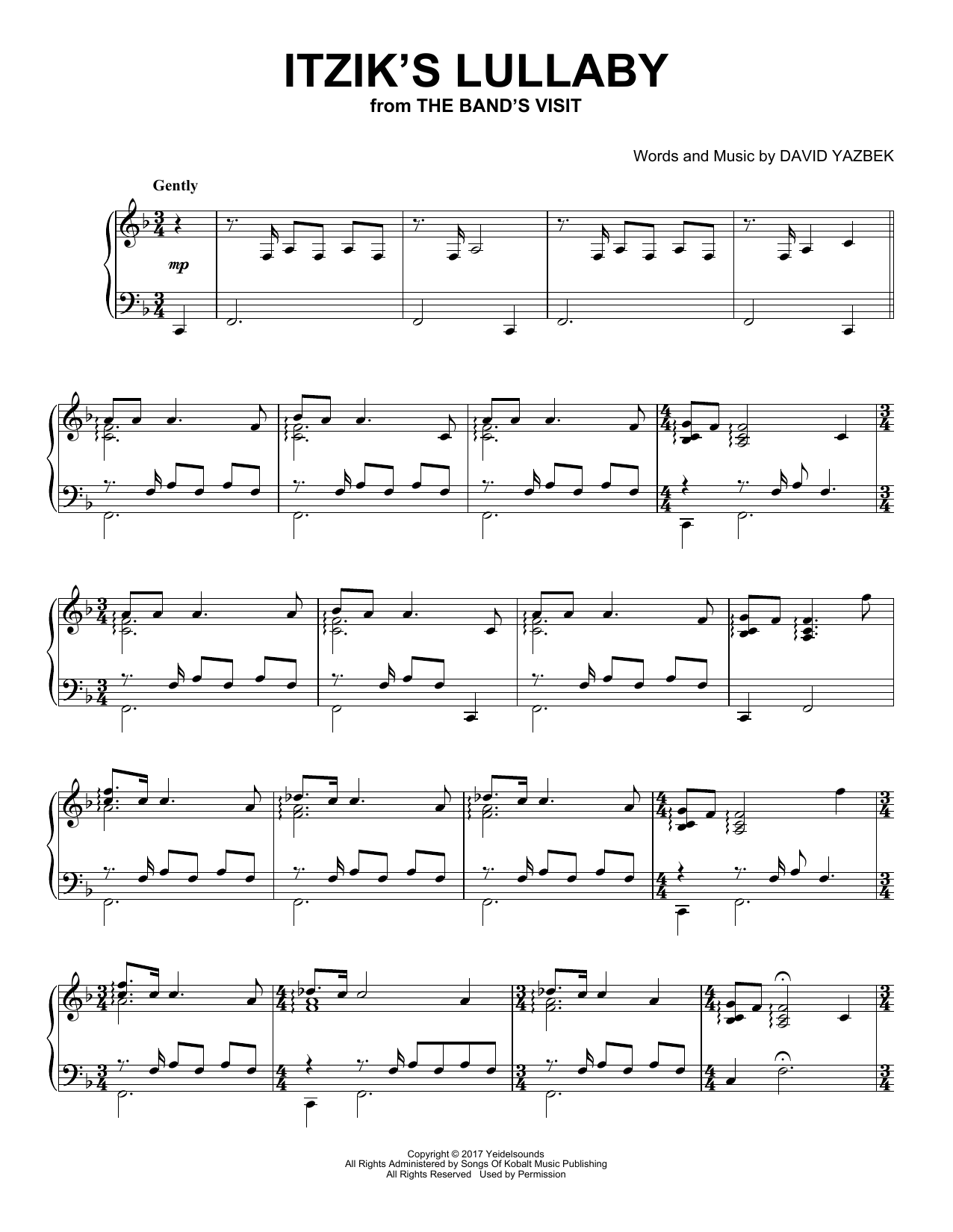 David Yazbek Itzik's Lullaby (from The Band's Visit) (Peaceful Piano Solo) sheet music notes and chords arranged for Piano Solo