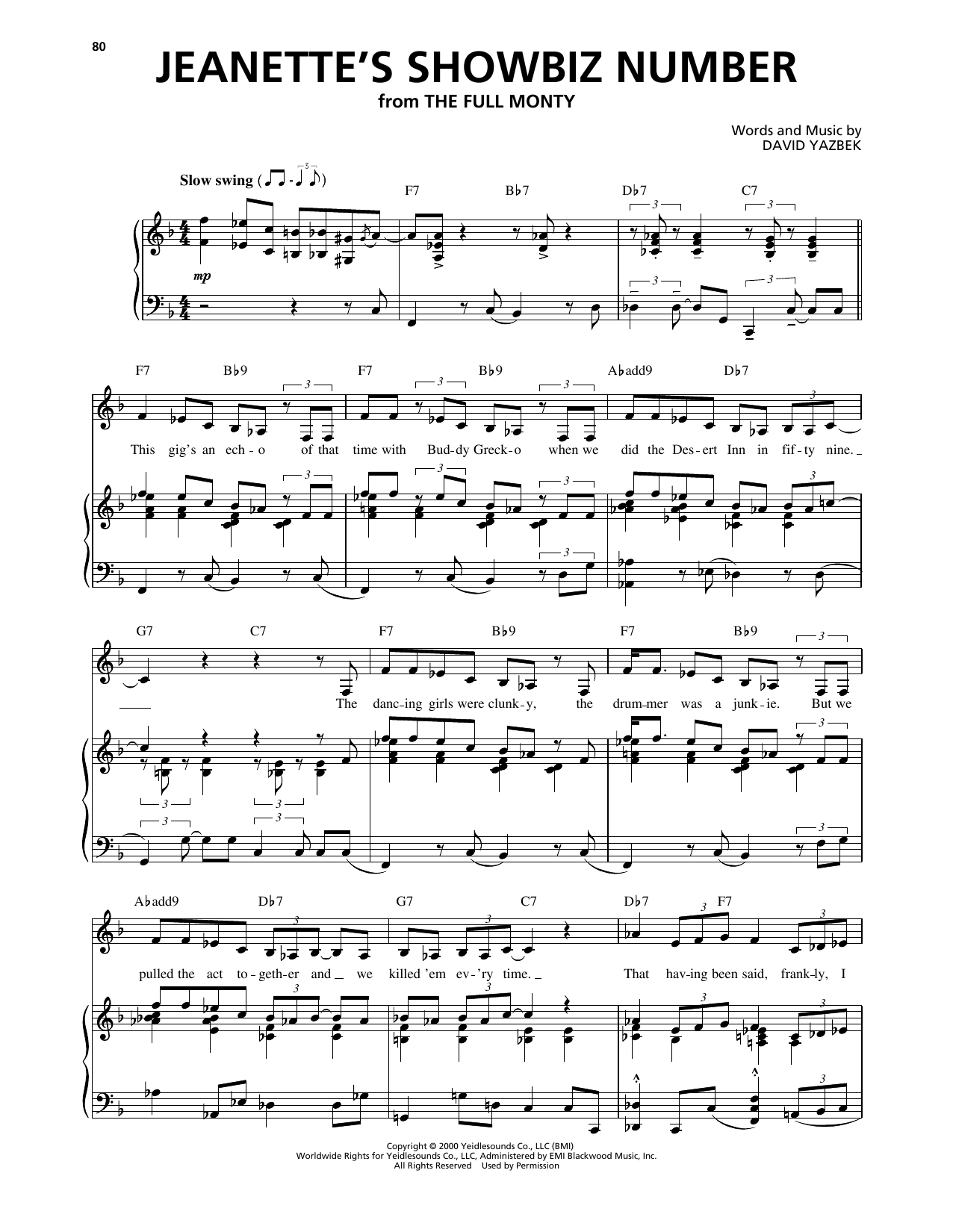 Learn to play David Yazbek Jeanette's Showbiz Number (from The Full Monty) sheet music for Piano & Vocal in minutes. Price: 7.8900$ David Yazbek Jeanette's Showbiz Number (from The Full Monty) sheet music notes and chords arranged for Piano & Vocal