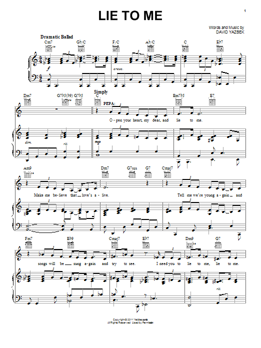 David Yazbek Lie To Me sheet music notes and chords arranged for Piano, Vocal & Guitar Chords (Right-Hand Melody)