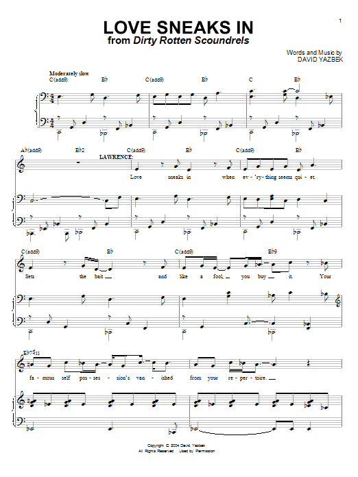 Learn to play David Yazbek Love Sneaks In sheet music for Piano, Vocal & Guitar Chords (Right-Hand Melody) in minutes. Price: 7.8900$ David Yazbek Love Sneaks In sheet music notes and chords arranged for Piano, Vocal & Guitar Chords (Right-Hand Melody)