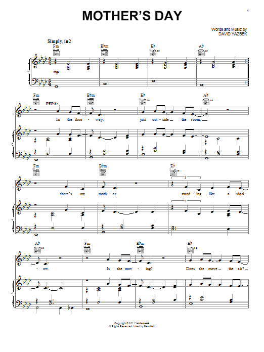Learn to play David Yazbek Mother's Day sheet music for Piano, Vocal & Guitar Chords (Right-Hand Melody) in minutes. Price: 7.8900$ David Yazbek Mother's Day sheet music notes and chords arranged for Piano, Vocal & Guitar Chords (Right-Hand Melody)