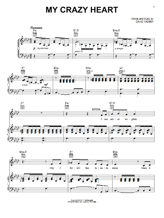Learn to play David Yazbek My Crazy Heart sheet music for Piano, Vocal & Guitar Chords (Right-Hand Melody) in minutes. Price: 7.8900$ David Yazbek My Crazy Heart sheet music notes and chords arranged for Piano, Vocal & Guitar Chords (Right-Hand Melody)