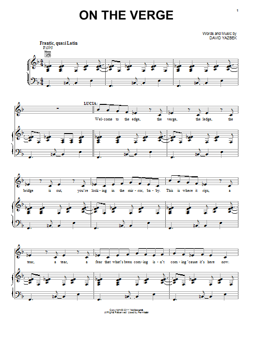 Learn to play David Yazbek On The Verge sheet music for Piano, Vocal & Guitar Chords (Right-Hand Melody) in minutes. Price: 7.8900$ David Yazbek On The Verge sheet music notes and chords arranged for Piano, Vocal & Guitar Chords (Right-Hand Melody)