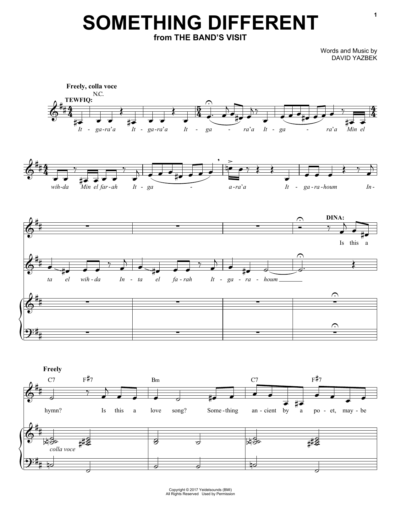 David Yazbek Something Different (from The Band's Visit) sheet music notes and chords arranged for Piano & Vocal