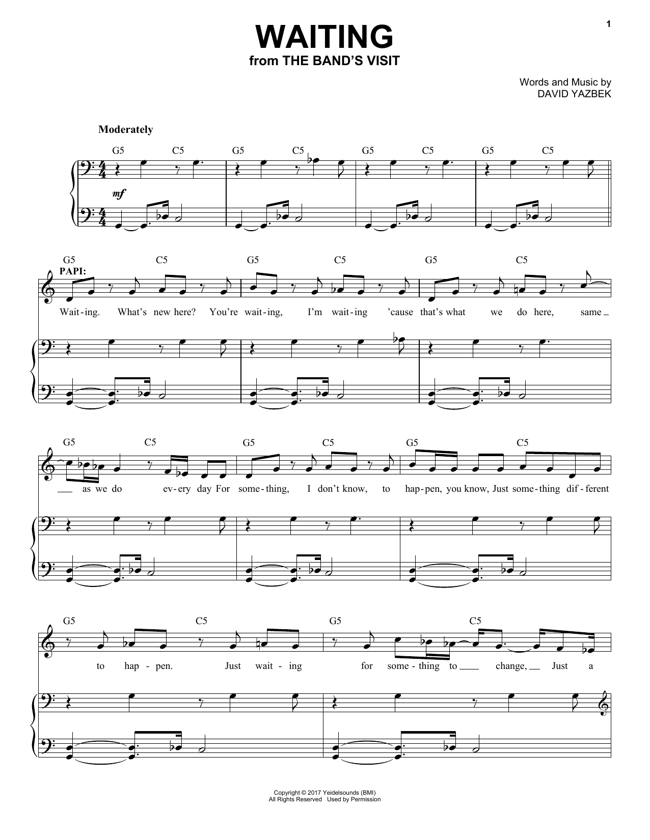 Learn to play David Yazbek Waiting (from The Band's Visit) sheet music for Piano & Vocal in minutes. Price: 7.8900$ David Yazbek Waiting (from The Band's Visit) sheet music notes and chords arranged for Piano & Vocal
