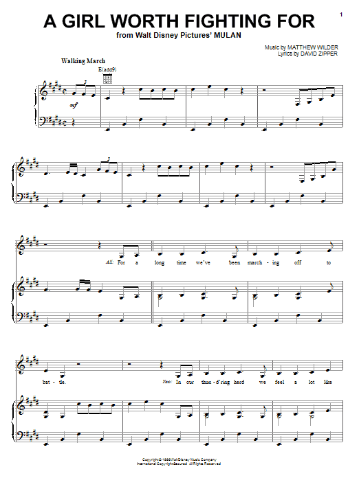 Learn to play David Zippel A Girl Worth Fighting For (from Mulan) sheet music for Piano, Vocal & Guitar Chords (Right-Hand Melody) in minutes. Price: 7.8900$ David Zippel A Girl Worth Fighting For (from Mulan) sheet music notes and chords arranged for Piano, Vocal & Guitar Chords (Right-Hand Melody)