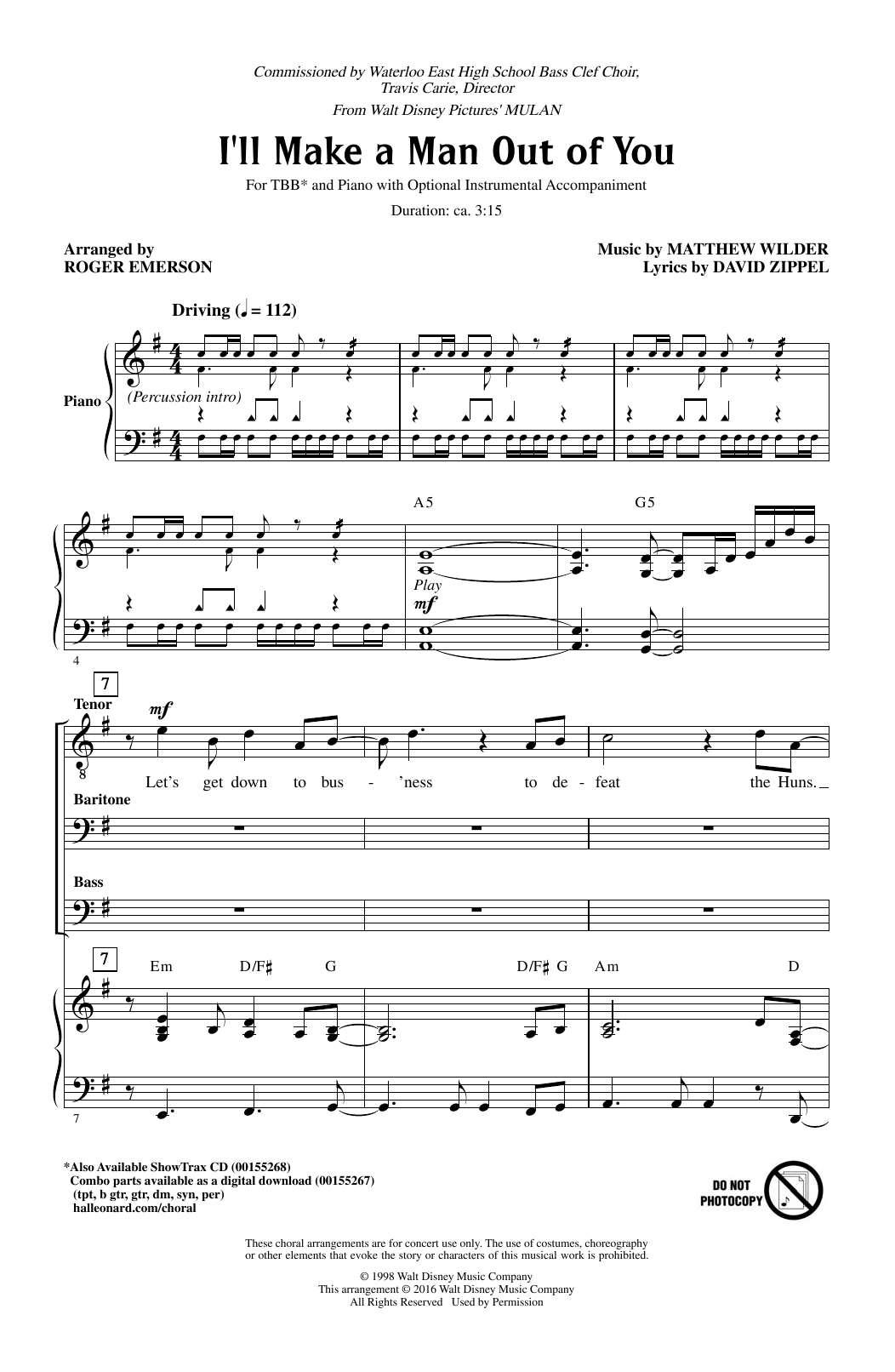 David Zippel I'll Make A Man Out Of You (from Mulan) (arr. Roger Emerson) sheet music notes and chords. Download Printable PDF.