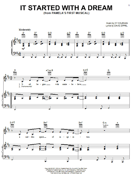 Learn to play David Zippel It Started With A Dream sheet music for Piano, Vocal & Guitar Chords (Right-Hand Melody) in minutes. Price: 7.8900$ David Zippel It Started With A Dream sheet music notes and chords arranged for Piano, Vocal & Guitar Chords (Right-Hand Melody)